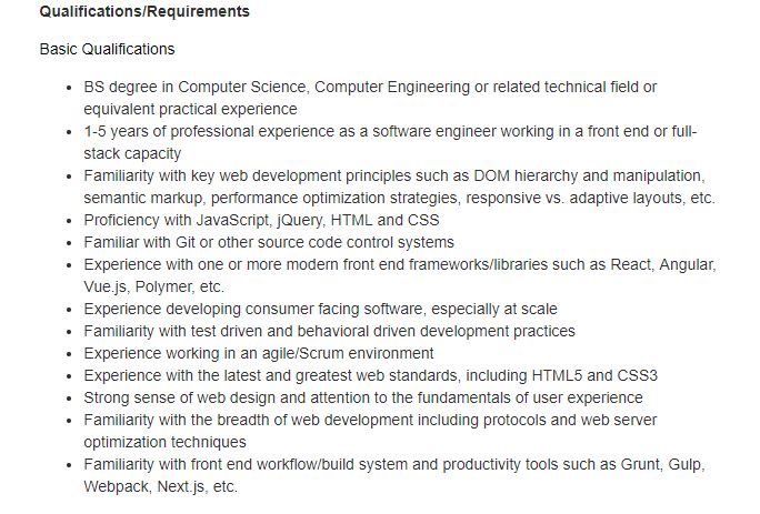 basic qualifications for front end web developer on indeed